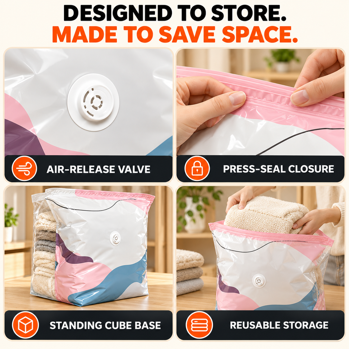 Vacuum Storage Bags with Air-Release Valve – Space Saving Cube Bags for Clothes & Blankets