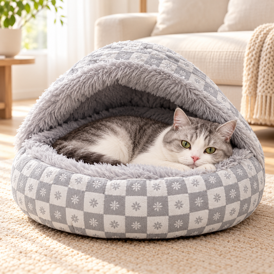 Covered Cat Bed – Shell-Shaped Plush Pet Bed with Cushioned Rim
