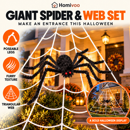 Giant Spider & Web Halloween Decoration Set – 59-Inch Spider with 200-Inch Triangular Web