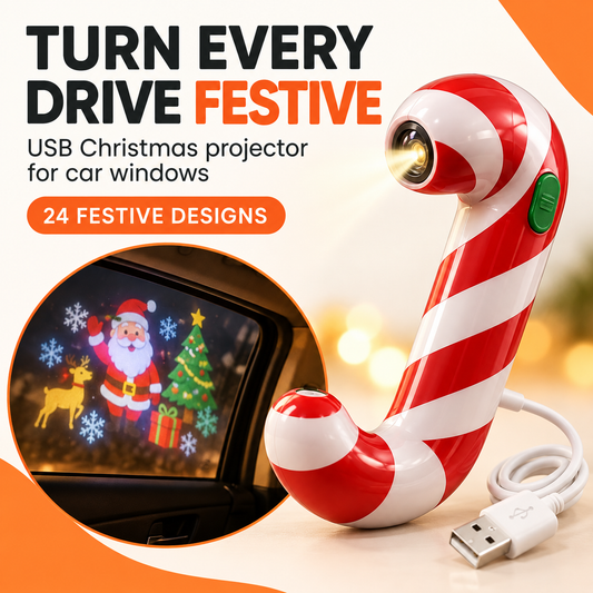 USB Christmas Projector for Car Windows – Candy Cane LED Projector with 24 Festive Designs