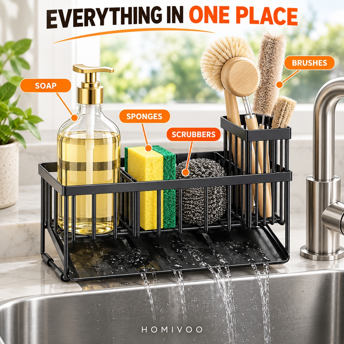 Self-Draining Sink Caddy – Kitchen Sponge & Soap Holder Organizer
