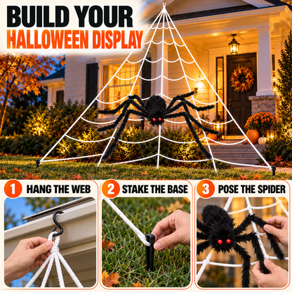 Giant Spider & Web Halloween Decoration Set – 59-Inch Spider with 200-Inch Triangular Web