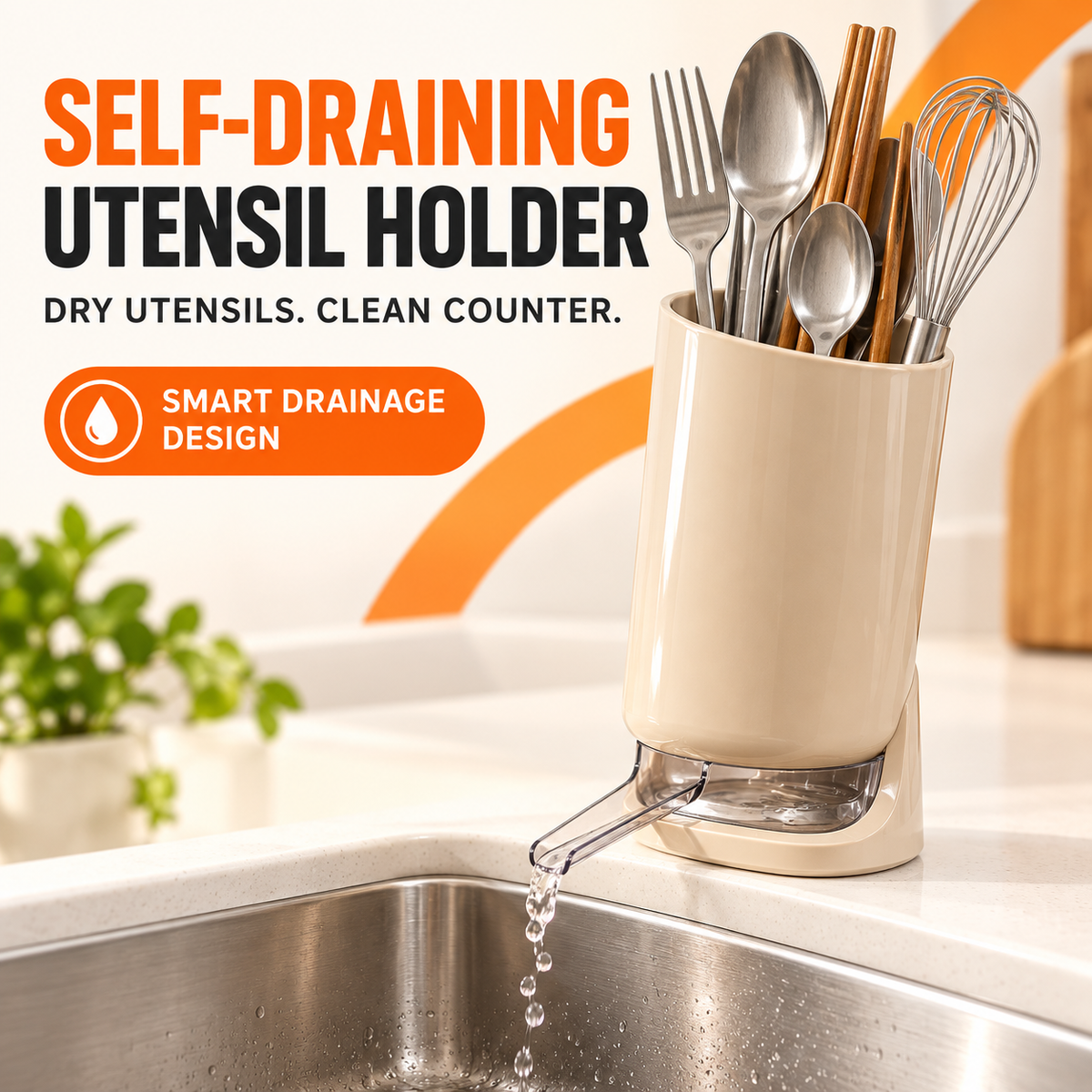 Self-Draining Utensil Holder – Sink-Side Kitchen Utensil Dryer