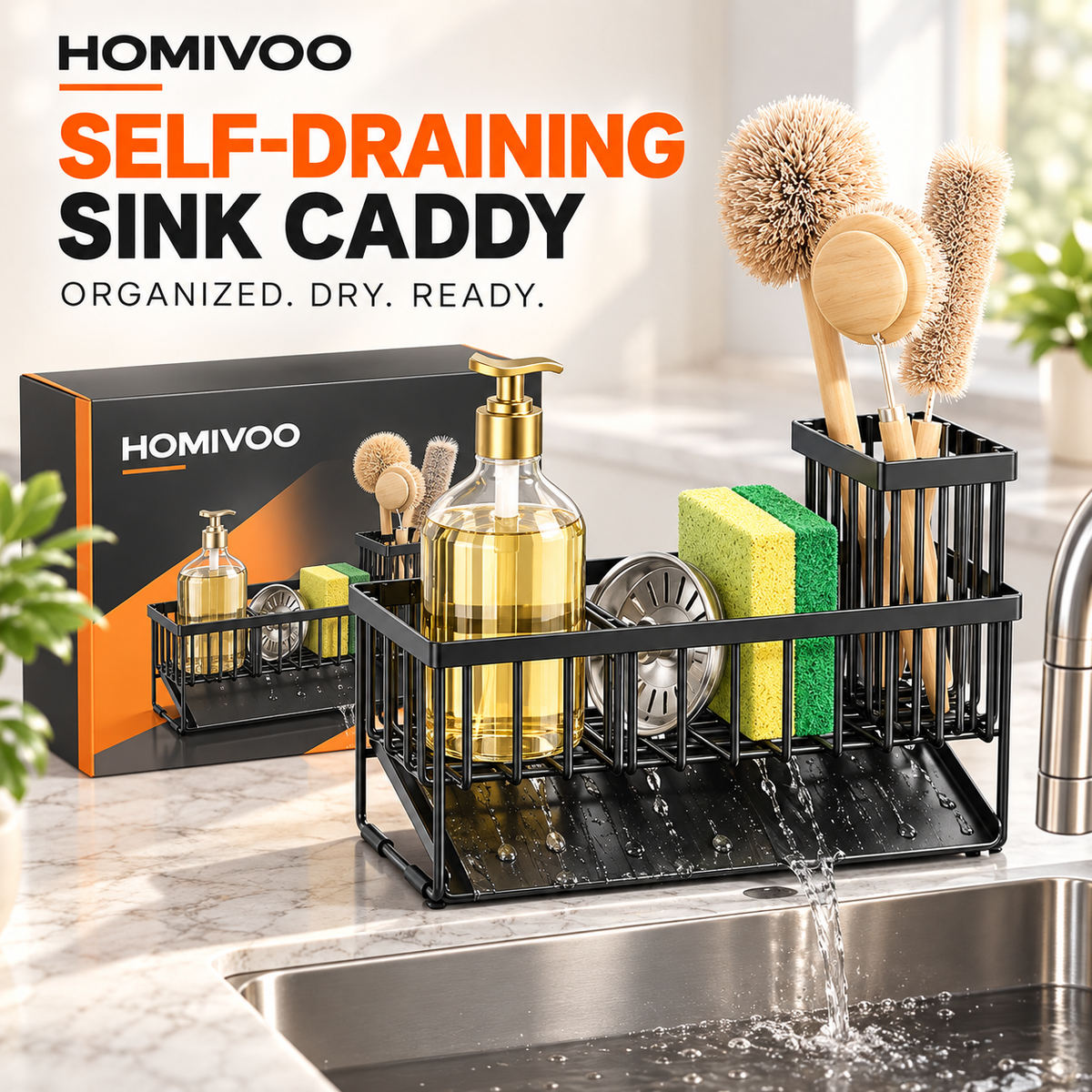 Self-Draining Sink Caddy – Kitchen Sponge & Soap Holder Organizer