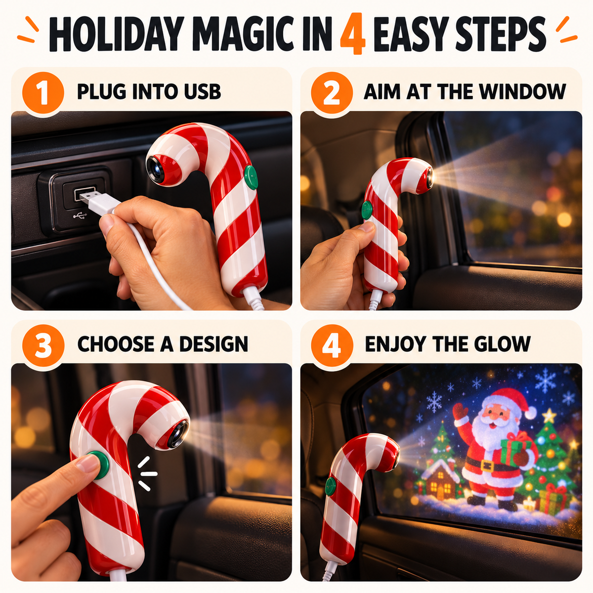 USB Christmas Projector for Car Windows – Candy Cane LED Projector with 24 Festive Designs