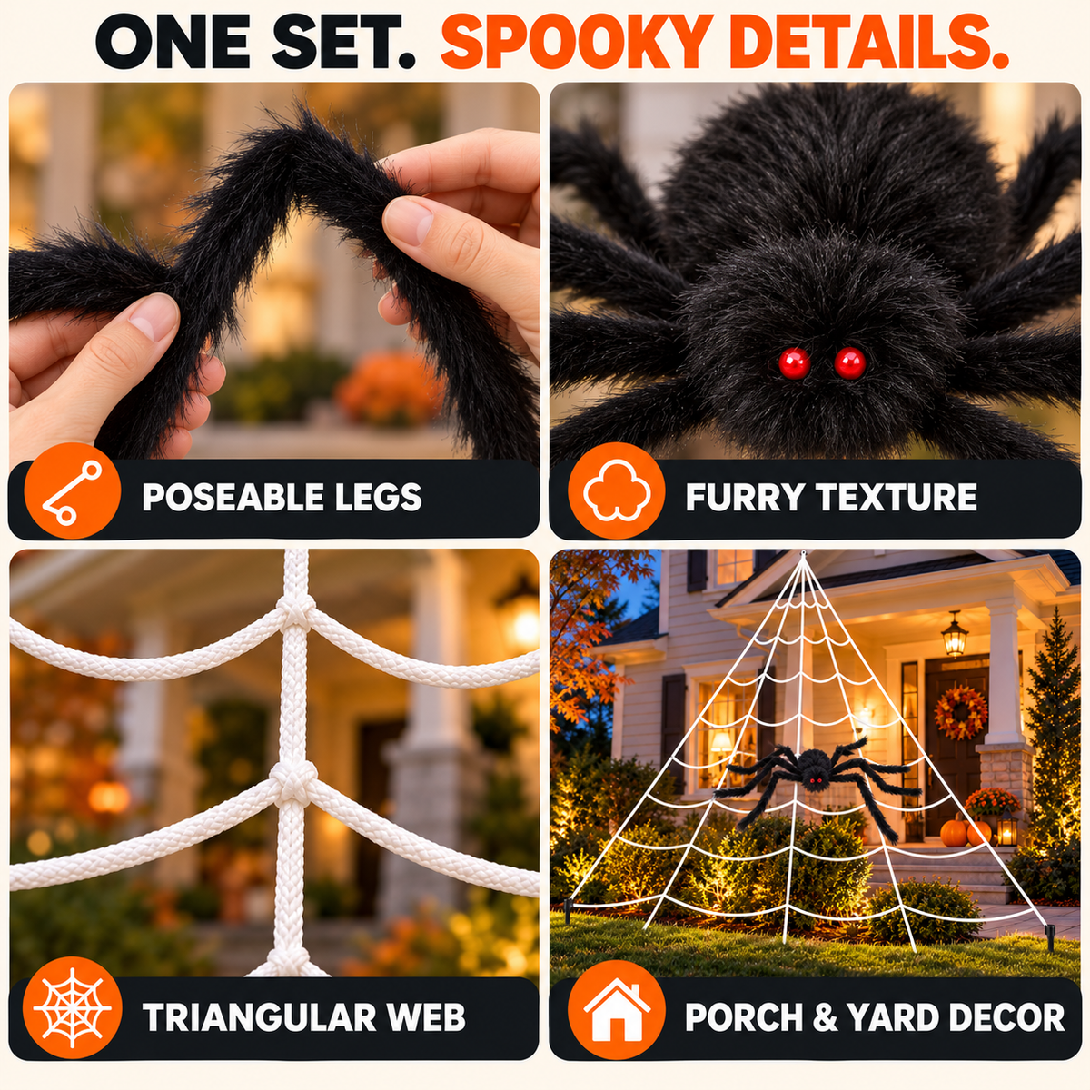 Giant Spider & Web Halloween Decoration Set – 59-Inch Spider with 200-Inch Triangular Web