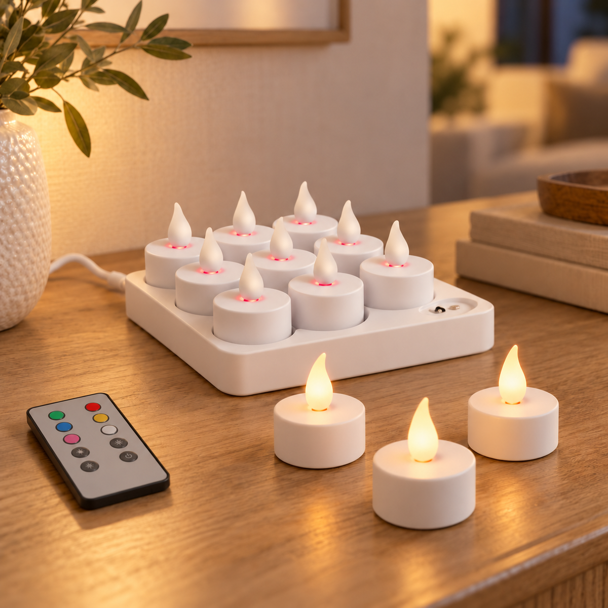 Rechargeable LED Tea Light Candles with Charging Base & Remote Control