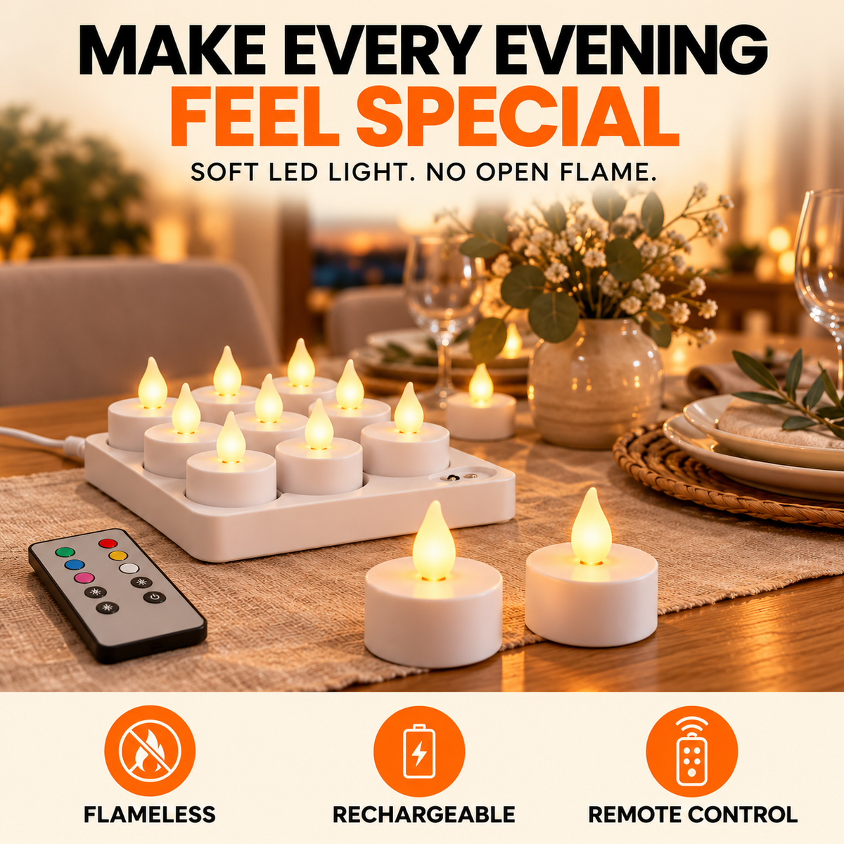 Rechargeable LED Tea Light Candles with Charging Base & Remote Control