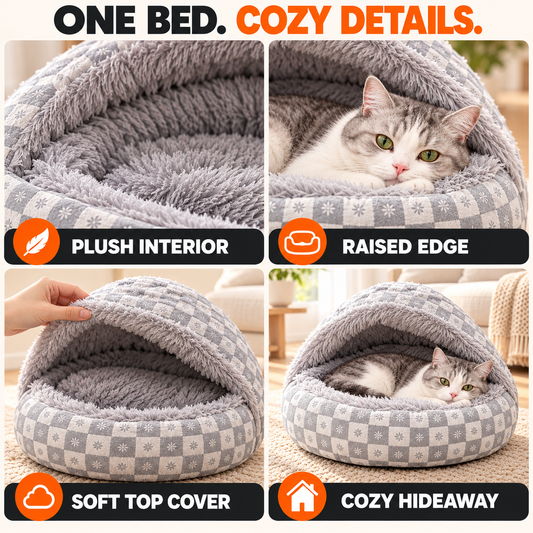 Covered Cat Bed – Shell-Shaped Plush Pet Bed with Cushioned Rim