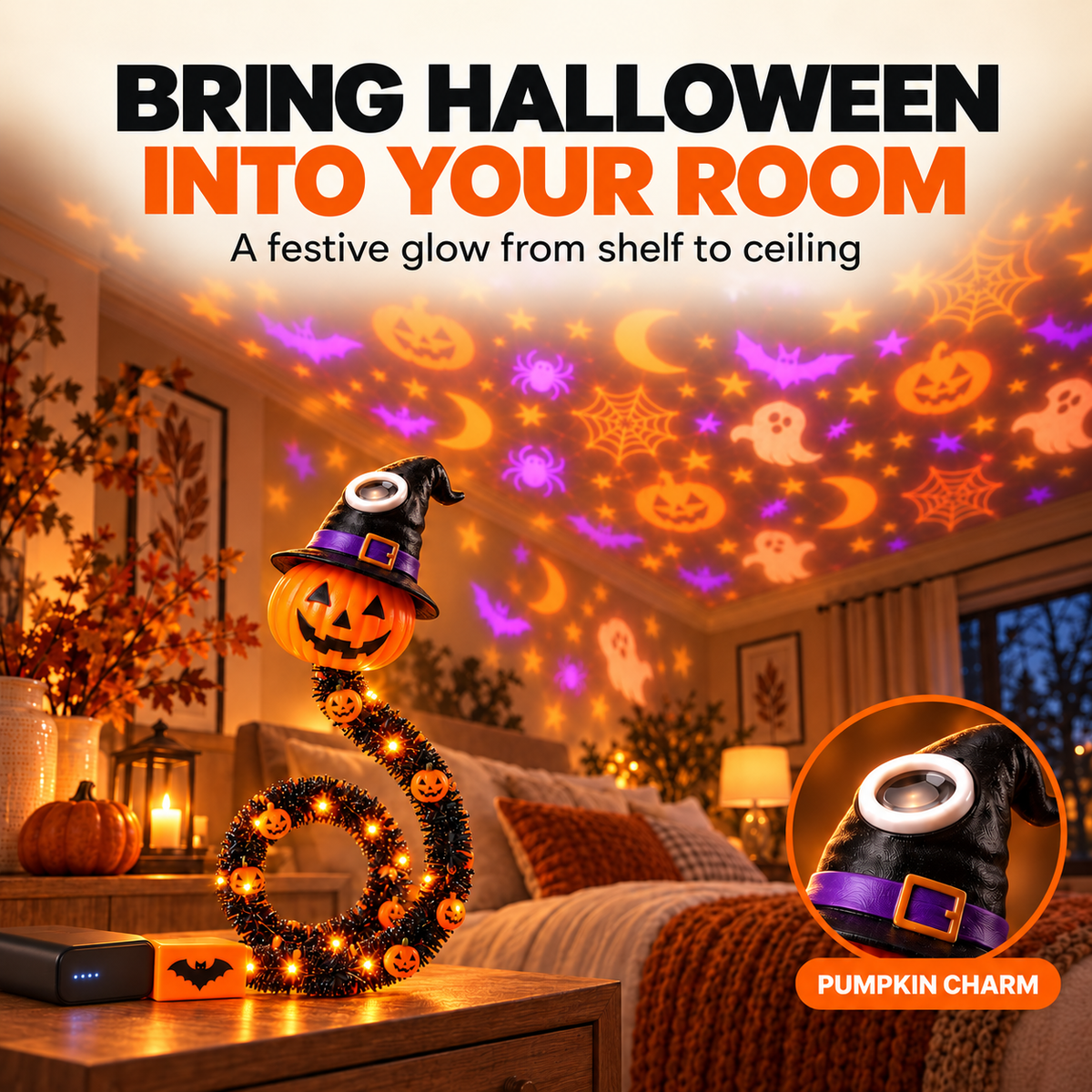 Halloween Pumpkin Garland Light with Projector – Bendable LED String Light Decoration