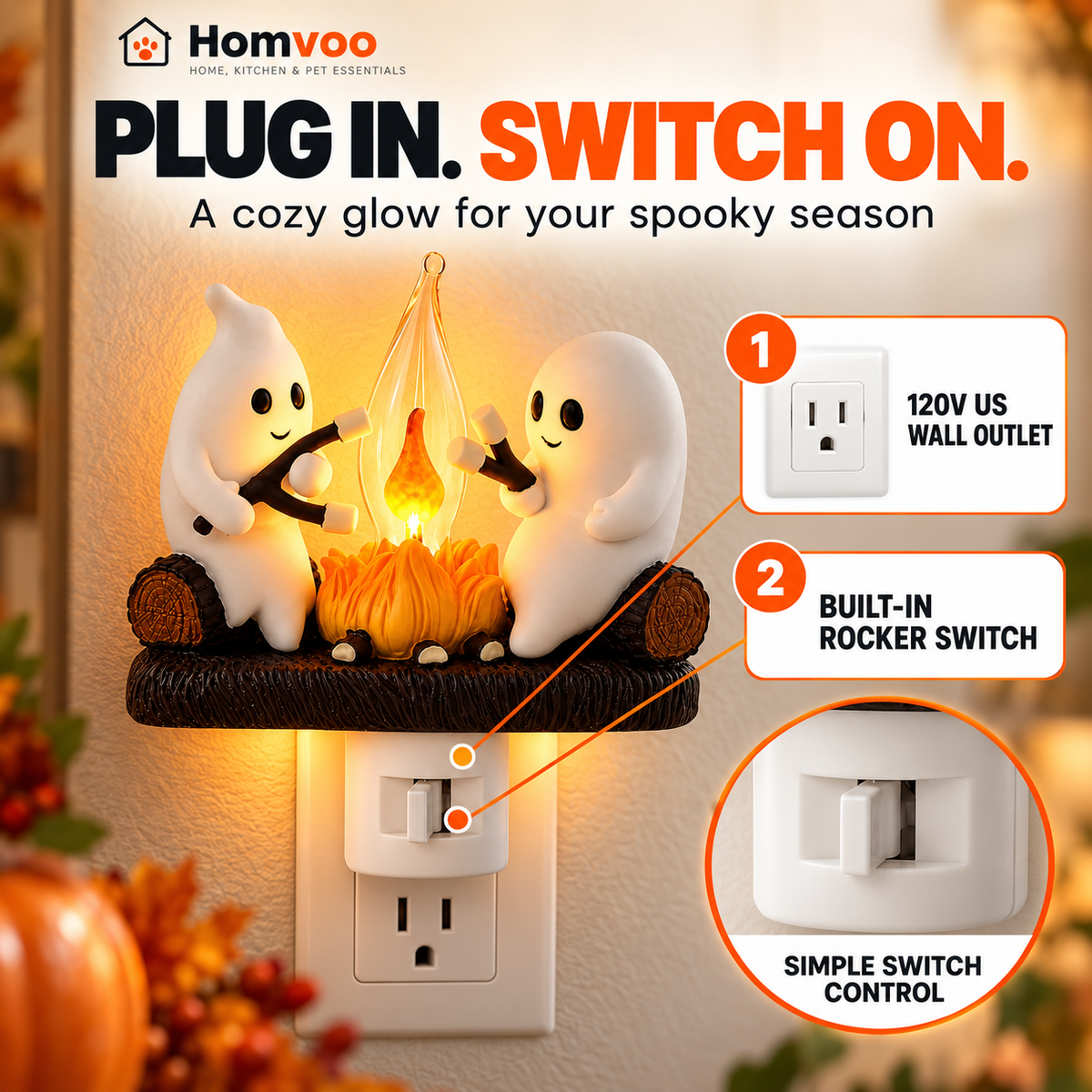 Halloween Ghost Night Light – Plug-In LED Campfire Lamp for Spooky Season