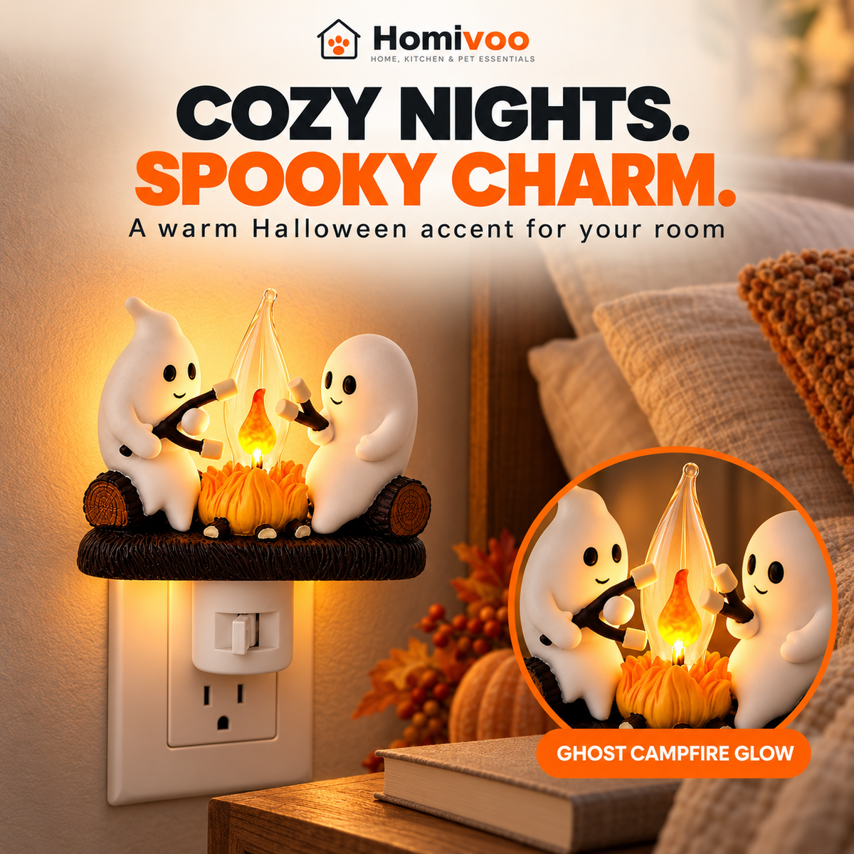 Halloween Ghost Night Light – Plug-In LED Campfire Lamp for Spooky Season