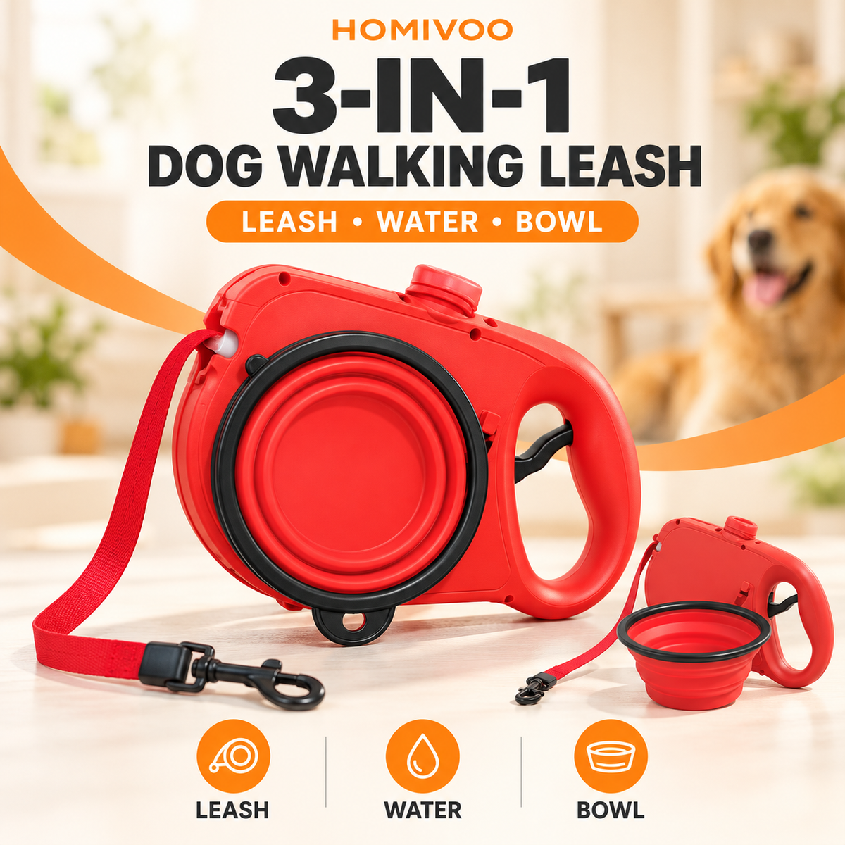 Retractable Dog Leash with Water Bottle & Collapsible Bowl – Hydrate Anywhere