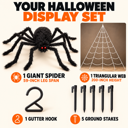 Giant Spider & Web Halloween Decoration Set – 59-Inch Spider with 200-Inch Triangular Web