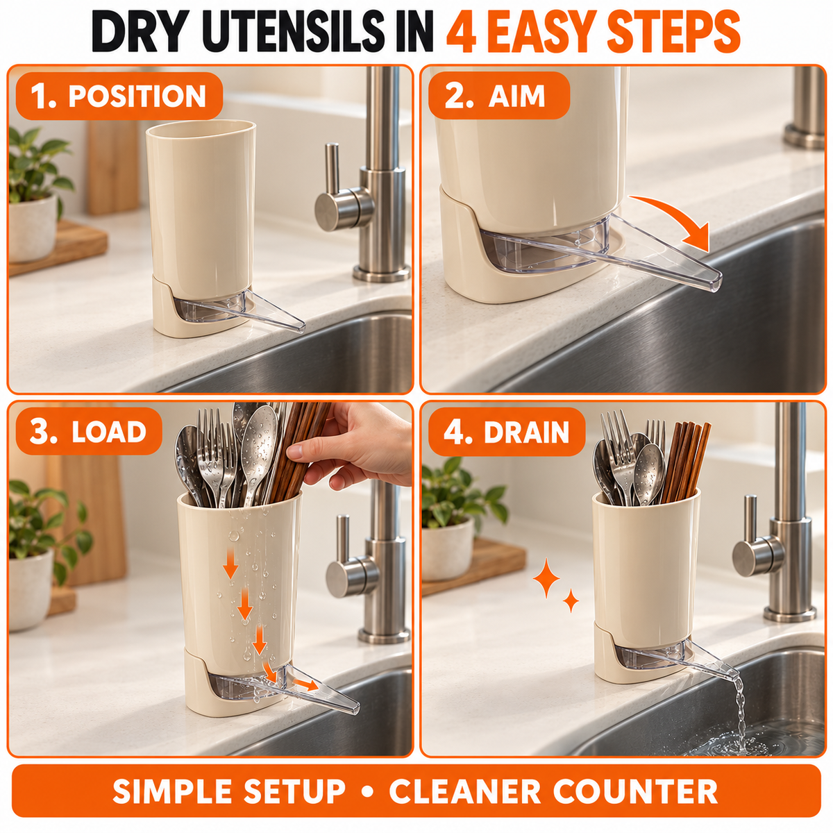 Self-Draining Utensil Holder – Sink-Side Kitchen Utensil Dryer