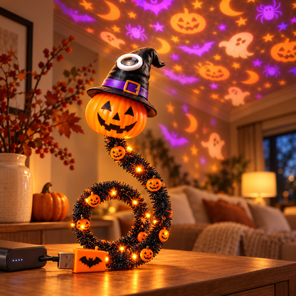 Halloween Pumpkin Garland Light with Projector – Bendable LED String Light Decoration