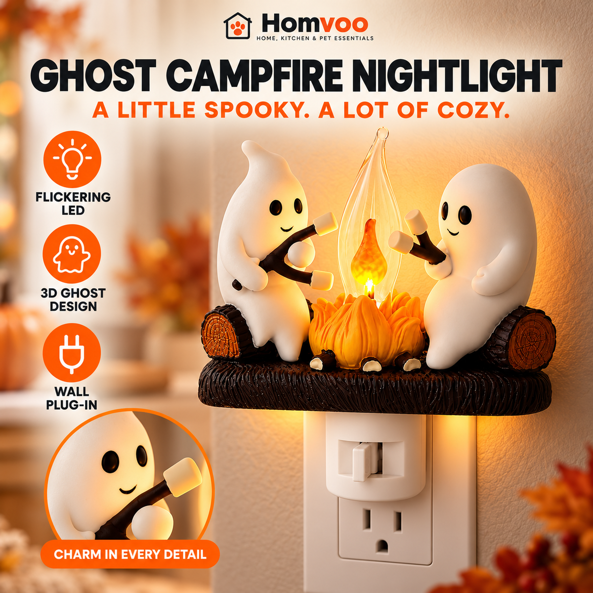 Halloween Ghost Night Light – Plug-In LED Campfire Lamp for Spooky Season