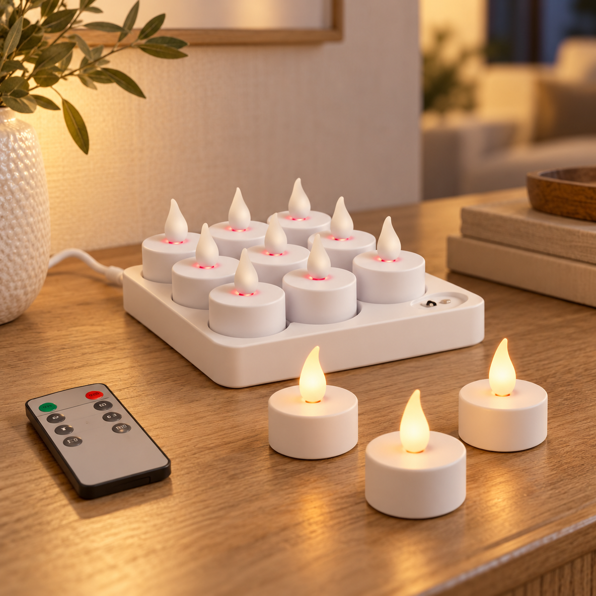 Rechargeable LED Tea Light Candles with Charging Base & Remote Control